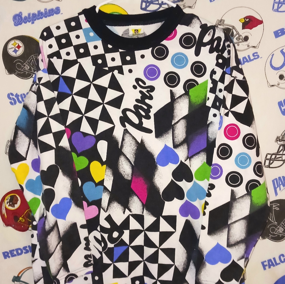 Vintage 1980s Traffic Jam Paris France Hearts Diamonds Colorful Graphic T-Shirt